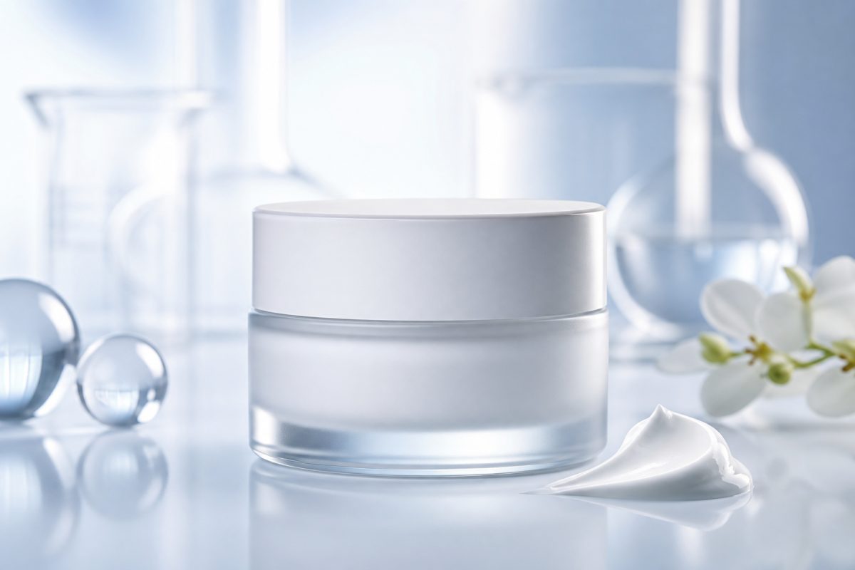 Crème hydratante visage à l’acide hyaluronique et niacinamide — soin cosmétique flacon blanc