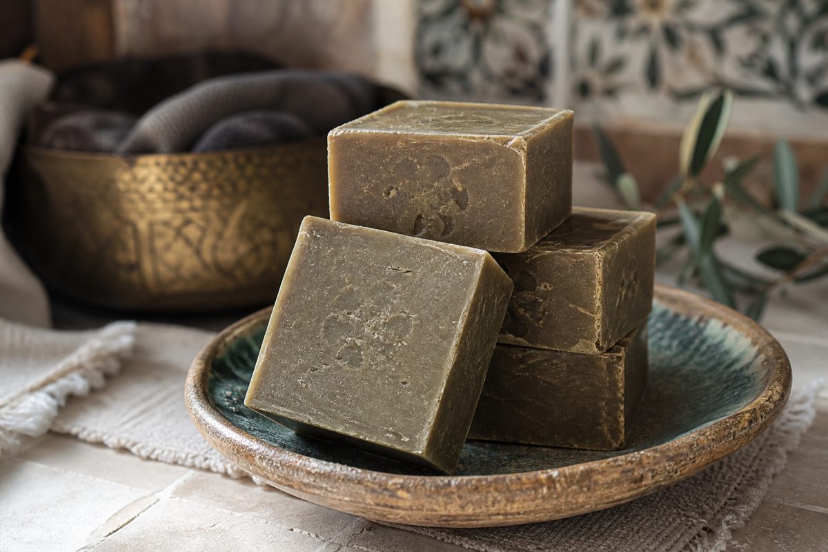 Savon artisanal au ghassoul marocain — barres sur coupelle céramique