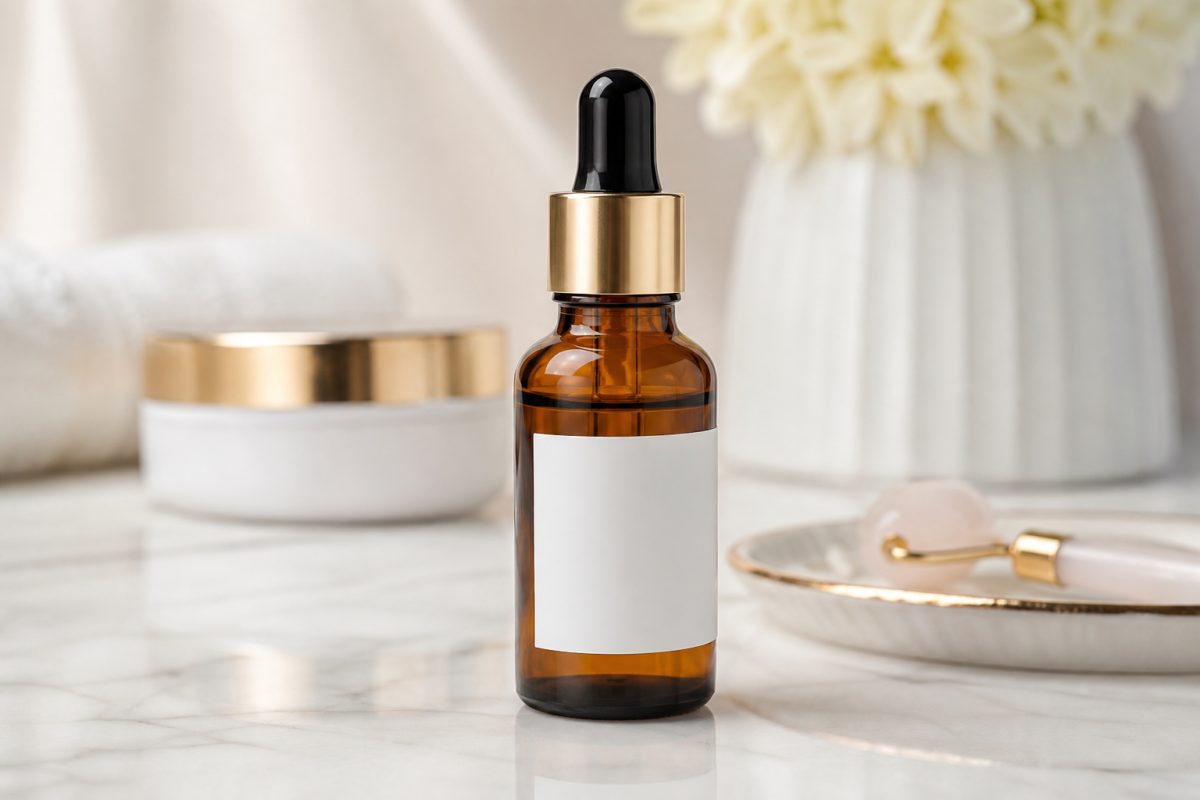 Sérum anti-âge visage peptides et rétinol — flacon compte-gouttes ambre